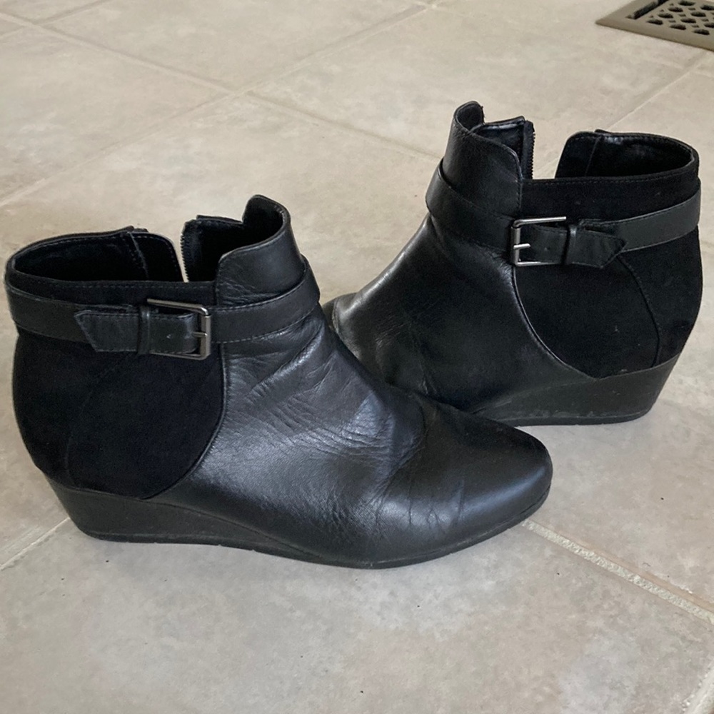 Size 8 Black Wedge Booties/ leather and suede